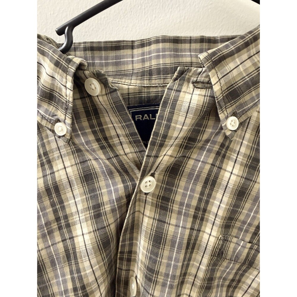 Ralph Lauren Sport Men's L Plaid Button-Down Shirt Gray Beige Cotton - Picture 3 of 5
